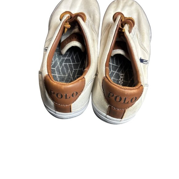 Polo Ralph Lauren Vaughn 9.5D Mens Casual Lace-Up Canvas Sneakers White & Tan Le - Picture 8 of 10